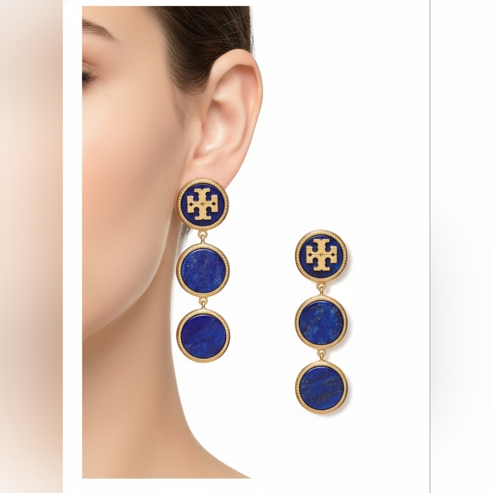 TORY BURCH Semi Precious Stone Triple Dot Blue Lapis Earrings New